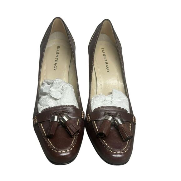 Ellen Tracy Womens Brown Leather Tassel Contrast Stitch Almond Toe Heels Size 8 - Picture 2 of 11
